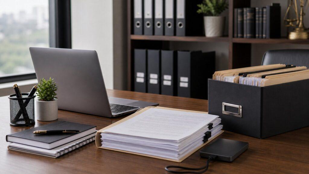 documentos jurídicos digitais em cofre organizado